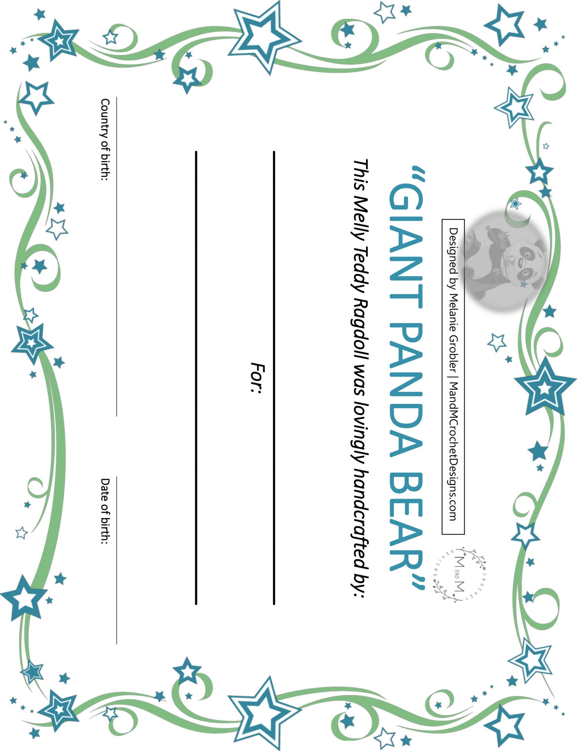 Giant Panda Bear Birth Certificate