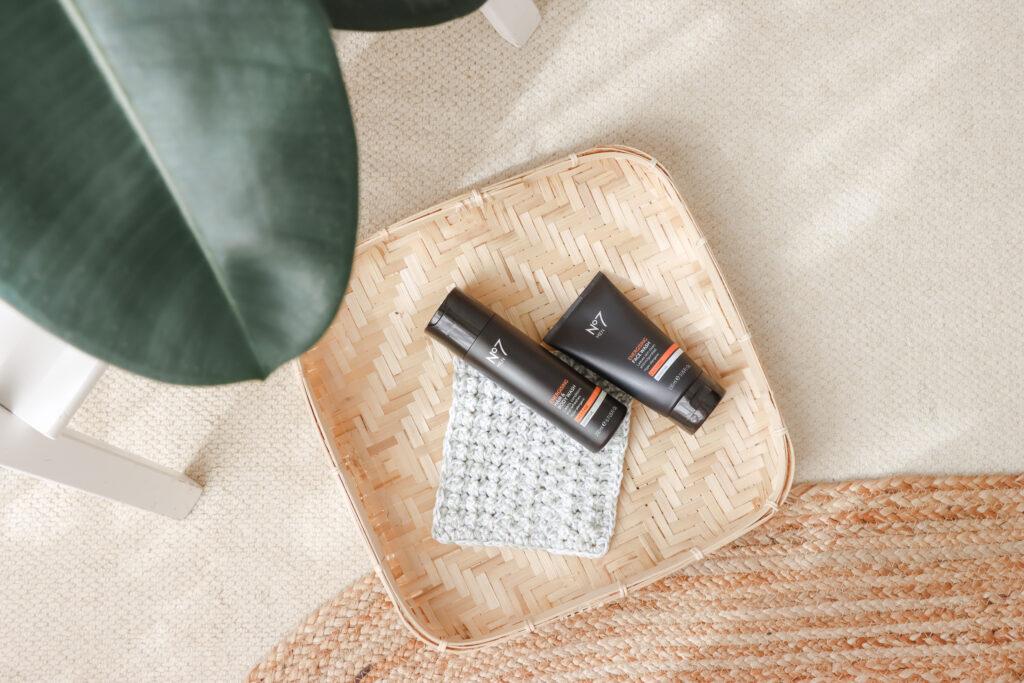 crochet wash cloth with mens beauty products on top