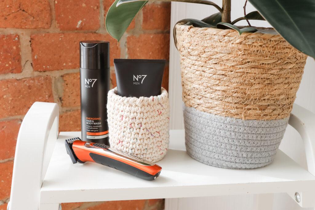 Crochet nesting baskets with toiletries in