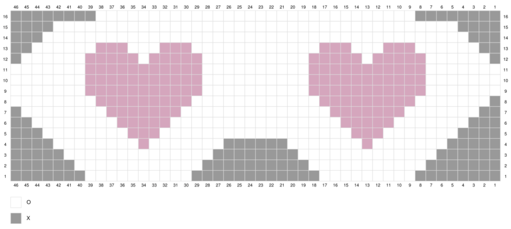 Crochet eye mask cross stitch guide with hearts on the eye parts of the eye mask