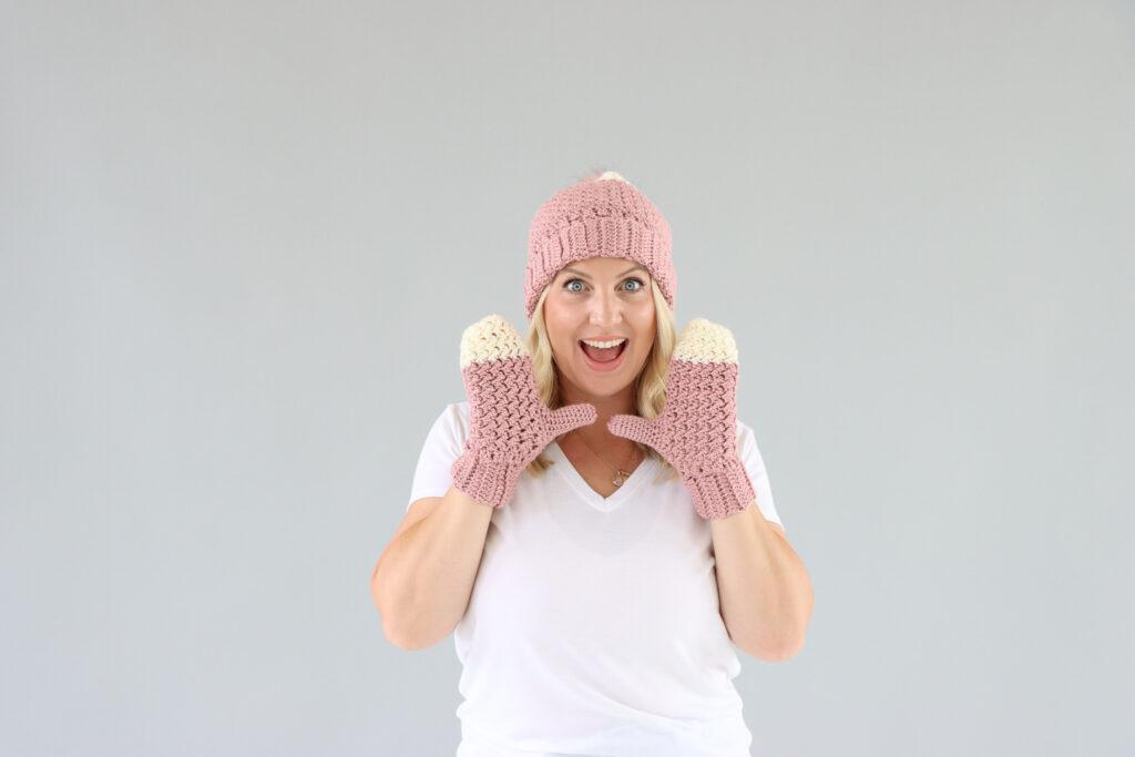 crocheted hat and mittens