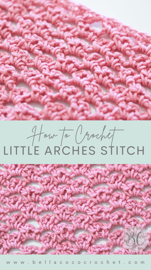 a close up of the little arches crochet stitch made in pink double knit yarn.