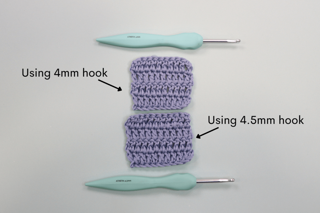 An image showing two swatches. One made with a 4mm hook and the other with a 4.5mm hook.