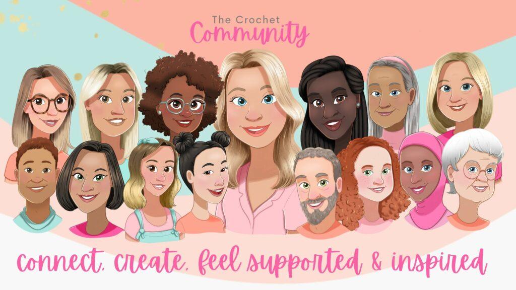 a colourful illustration of several people both male and female of different ethic origins on a colourful background that says connect, create, feel inspired and supported at the base of the image.