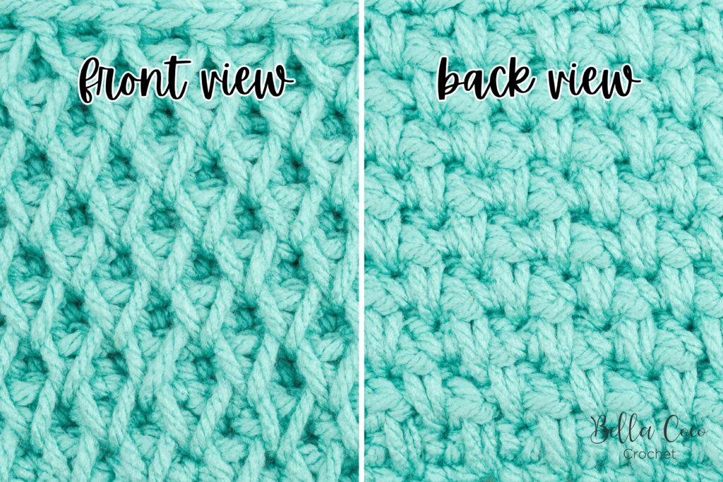 yarn swatch of honeycomb stitch using aqua yarn and purple crochet hook. image indicates front and back of swatch