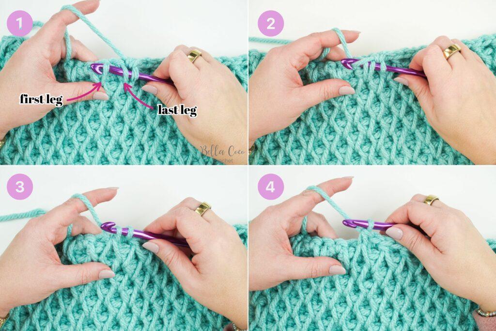 yarn swatch of honeycomb stitch using aqua yarn and purple crochet hook. step by step images