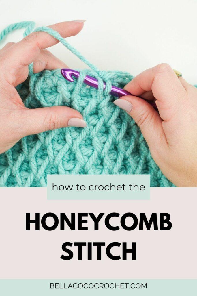 yarn swatch of honeycomb stitch using aqua yarn and purple crochet hook