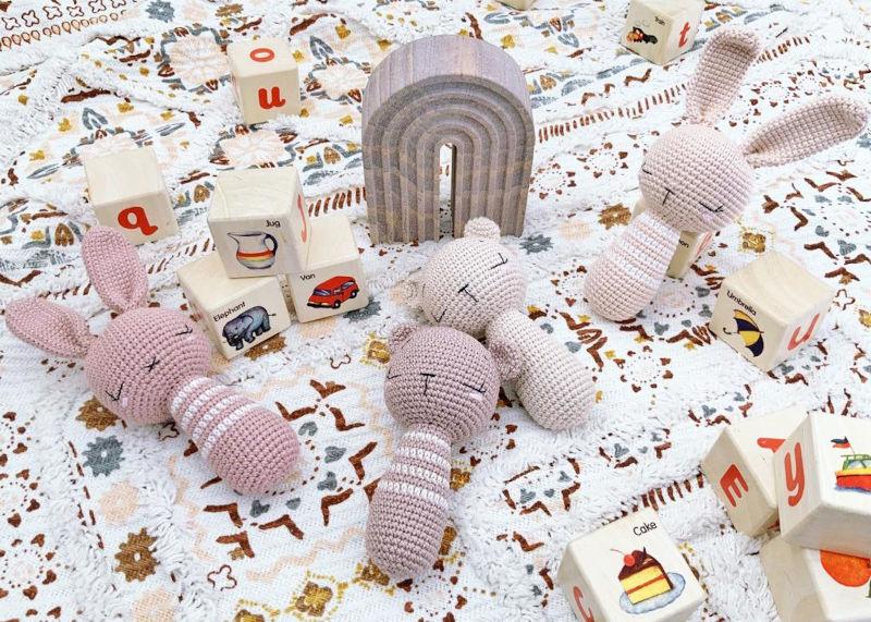 Sleepy Baby Bear and Bunny Stick Crochet Rattles by Theodore & Rose