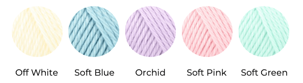 soft yarn colour way. Off white, soft blue, orchid, soft pink and soft green.