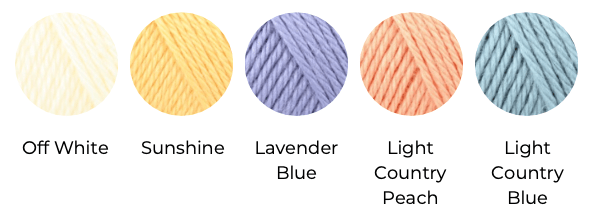 mid-tone yarn colours. Off white, sunshine, lavender blue, light country peach and light country blue.