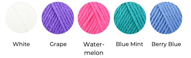 strong colour yarn selection. White, grape, watermelon, blue mint and berry blue.