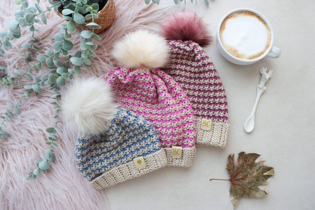 crochet beanies in three different sizes