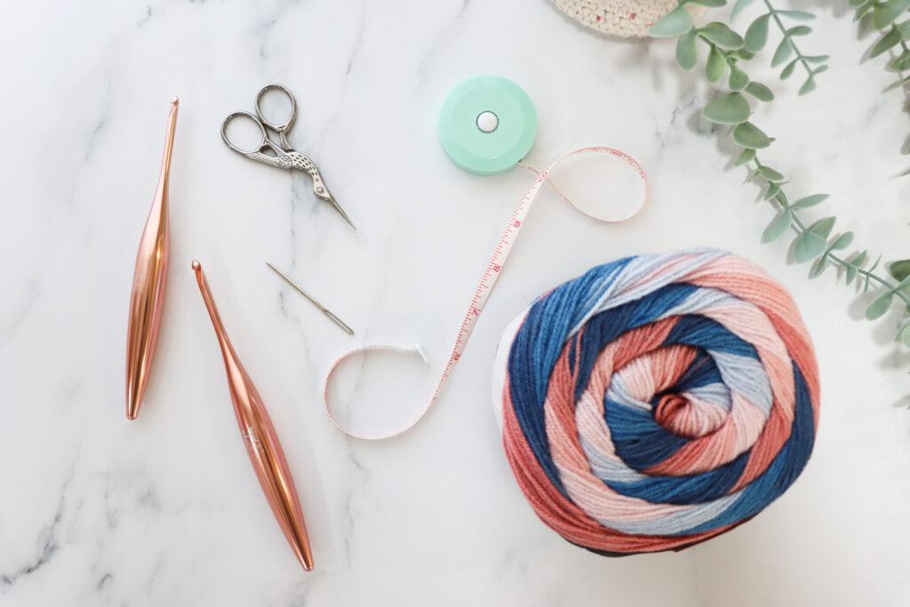 materials and tool for a crochet sweater 