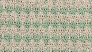 Close-up of crochet larksfoot stitch pattern in alternating rows of sage green and cream yarn. The stitch design features vertical elongated loops resembling bird footprints, creating a textured, repeating geometric pattern.